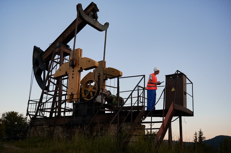 Oil rig equipment at sunset