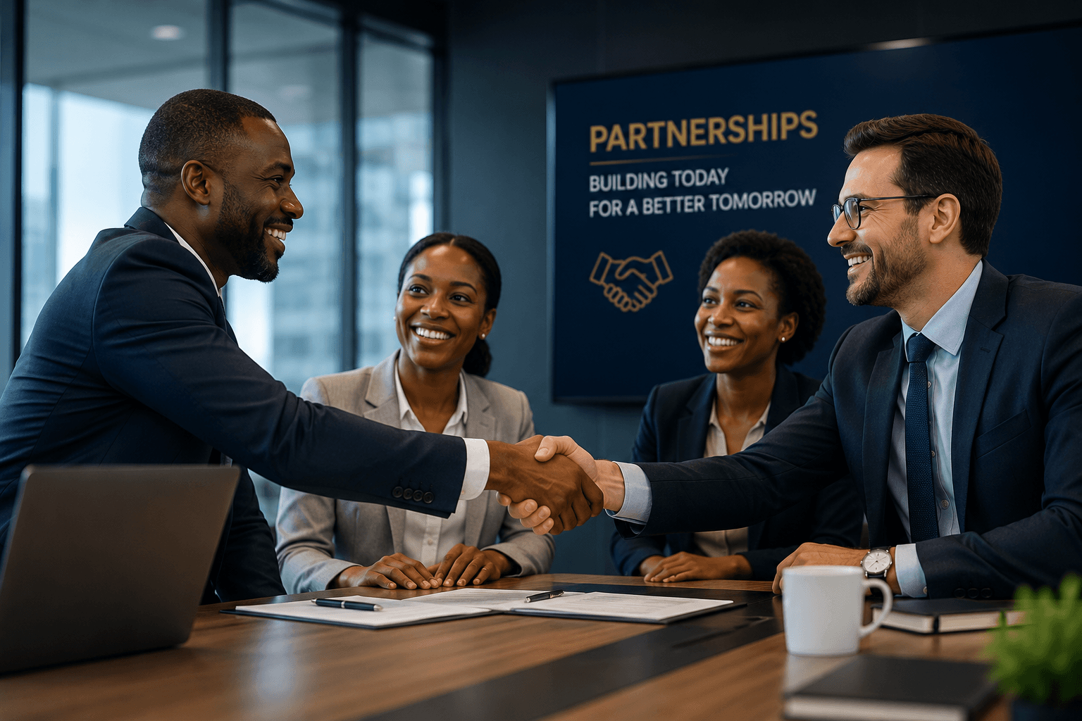 Falcon Next SL team members shaking hands with partners